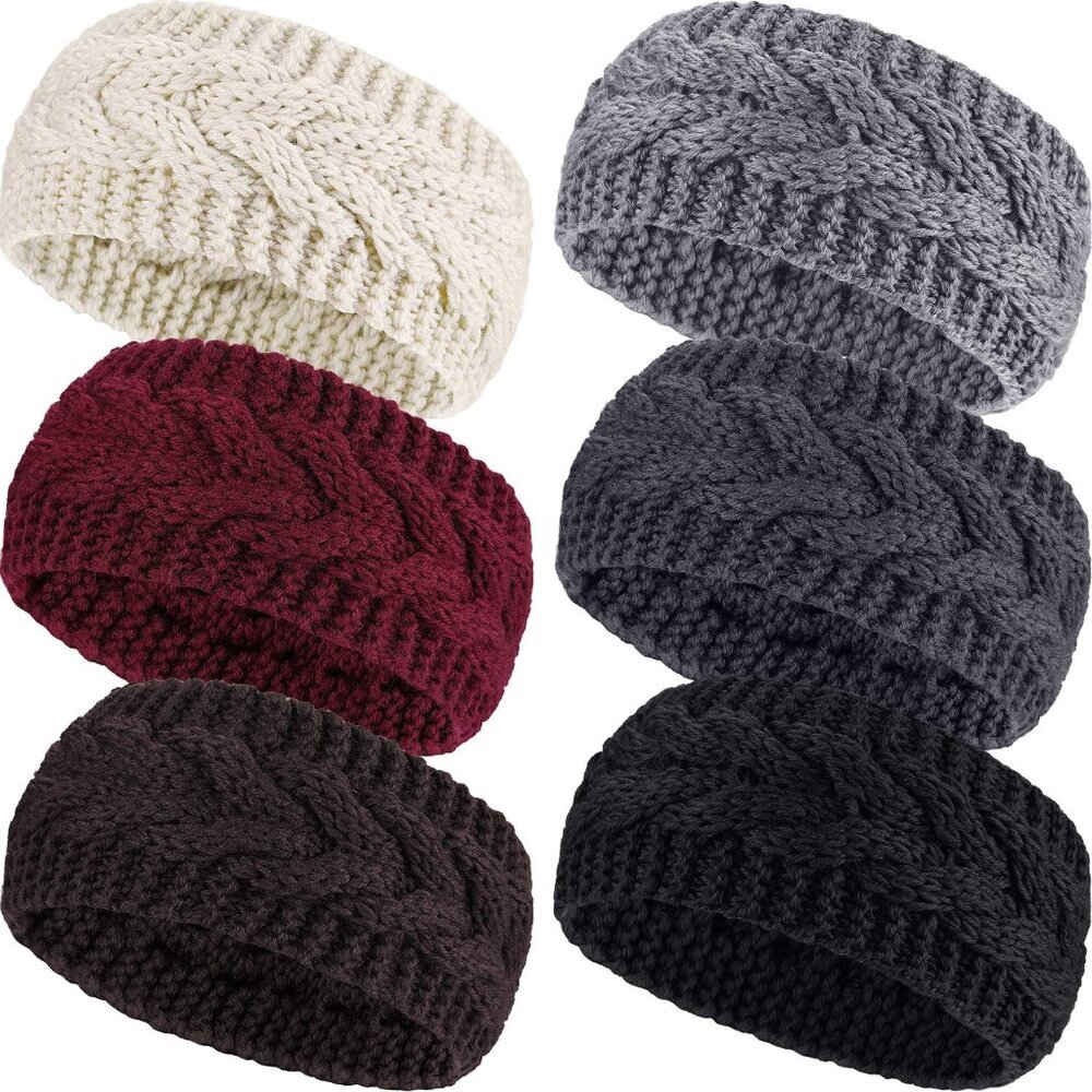 6 Pieces Women's Winter Headbands Cable Knitted Headbands Knit Earmuffs Chunky E